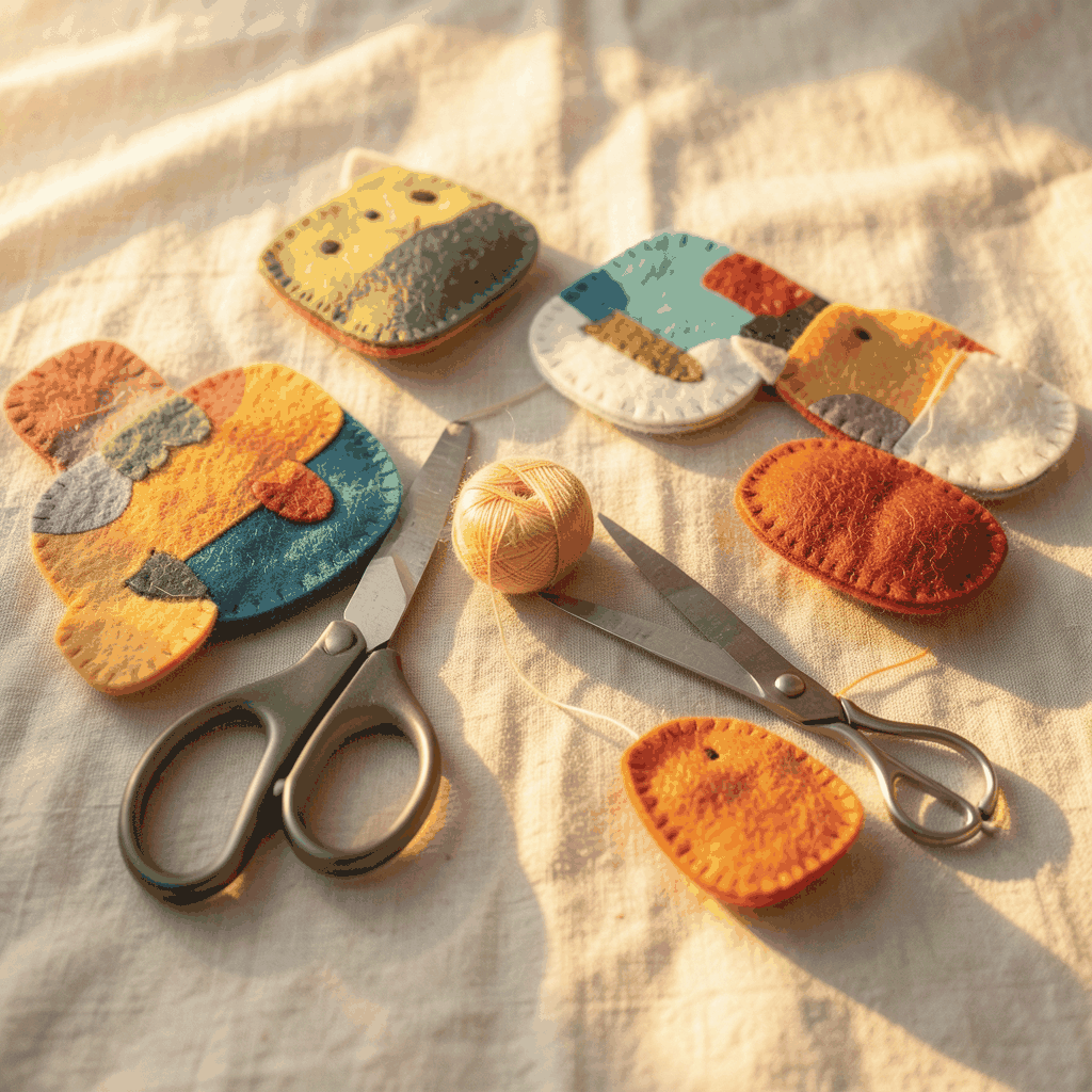 A flat-lay photograph in warm golden-hour light showing colorful felt craft pieces, scissors, and thread on a cream linen surface, soft and inviting.
